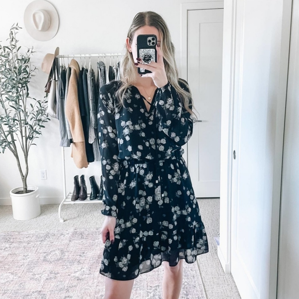 Michael Kors Rose Georgette tie-Neck Dress.  Floral print with long sleeves and